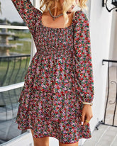 Long Sleeve Square Neck Smocked Floral Swiss Dot Mini Dress